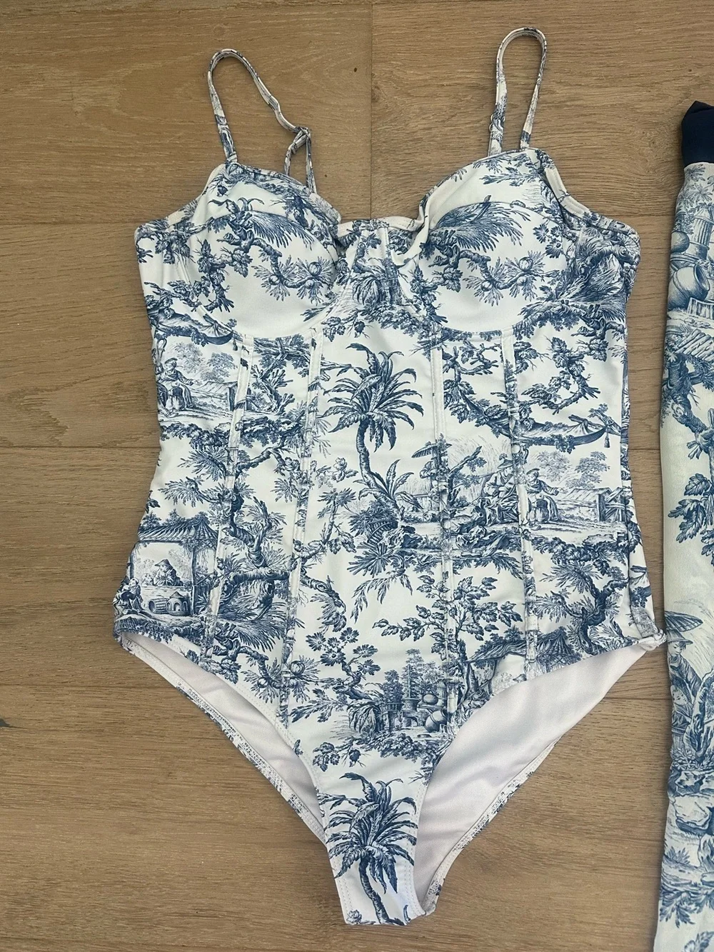 Blue & White Toile One Piece Swimsuit with Matching Sheer Sarong Cover-Up Set